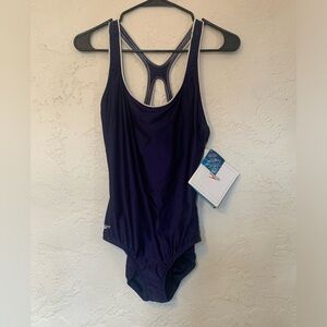 Speedo NWT Ultraback One Piece Swimsuit Navy Blue White and White Sz 12